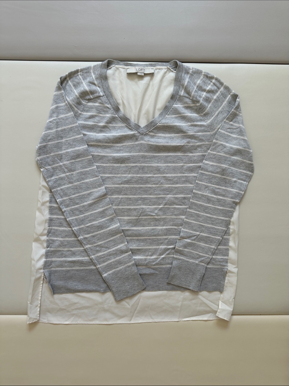 LOFT Gray Striped V-Neck Sweater